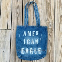 American Eagle Distressed Denim Bag Tote Spell Out Logo Purse 16 x 15 - £11.36 GBP