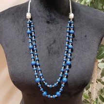 Gold Tone Chunky 2 Stands Navy Blue Aurora Borealis Glass Beads Long Necklace - £23.40 GBP