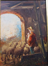 Vintage Oil Painting by Mario Fattori – Shepherd &amp; Sheep – Rustic Pastor... - $275.00