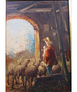 Vintage Oil Painting by Mario Fattori – Shepherd &amp; Sheep – Rustic Pastor... - $275.00