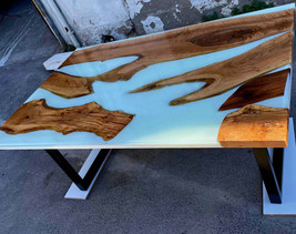 White Epoxy Resin Top Center Dining Table, Handmade Furniture, Kitchen Slab Deco - £413.56 GBP+