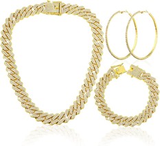 3 Pcs Link Chain Necklace Bracelet Rhinestone Hoop Earrings Bling Crystal Hip Ho - £36.86 GBP