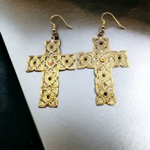 Filigree Cross Sparkly Rhinestone Earrings Gold Tone French Wire Religious Theme - £6.25 GBP