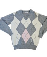 Vintage Mens Large Preppy Argyle Vneck Sweater Gray Pink Wool Scotland P... - £37.99 GBP