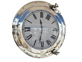 nautical Antique Shiny Nickel Finshe Wall Clock Ship Porthole Clock Beach Style - £99.91 GBP