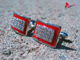 Silver Finish Cufflinks with Red Boarder and Diamond Like Stones – Wedding Gift - £3.16 GBP