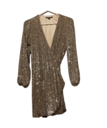 Gianni Bini Womens Wrap Dress Metallic Beige Long Sleeve Sequin XS - £23.65 GBP