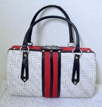 Vintage 60s Leather and Wicker Look Hong Kong Bag Purse White Red Blue Gold Stud - £71.53 GBP