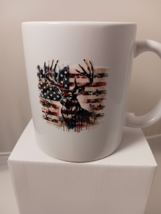 White Coffee Mug UV DTF Sticker Applied, 11oz, Deer With American Flag - $12.43