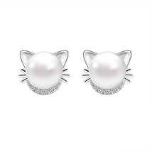 Women Adorable Cat Rhinestone Studs Earrings Shiny Crystal White  Girls Stud Ear - £8.55 GBP