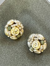 Vintage Japan Marked Faux Pearl w Sage Green &amp; Yellow Ceramic Rose Bead Clip Ear - £9.02 GBP