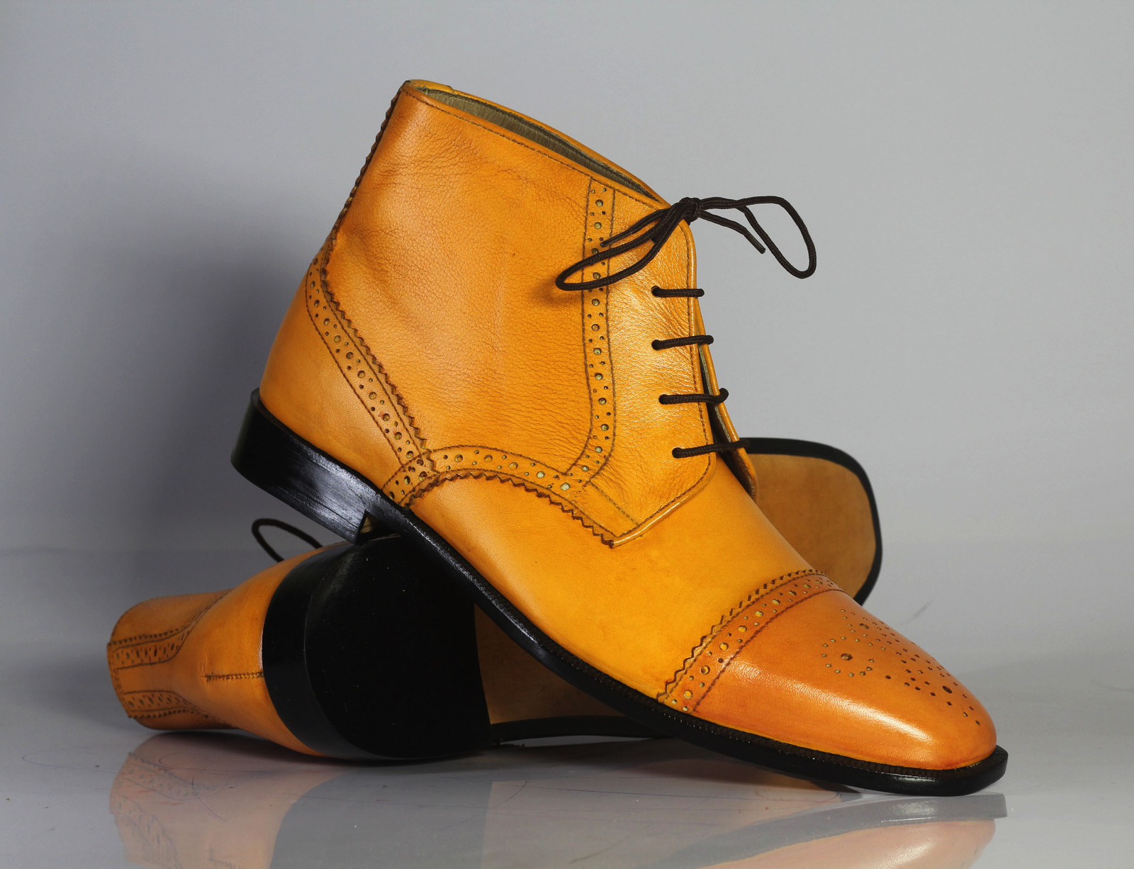 Handmade Men's Tan Leather Boots, Men Lace Up Dress Cap Toe Ankle High Boot