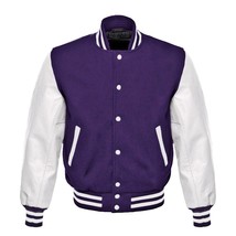 Purple Wool Varsity Letterman College Bomber Jacket &amp; Real White Leather Sleeves - £87.92 GBP