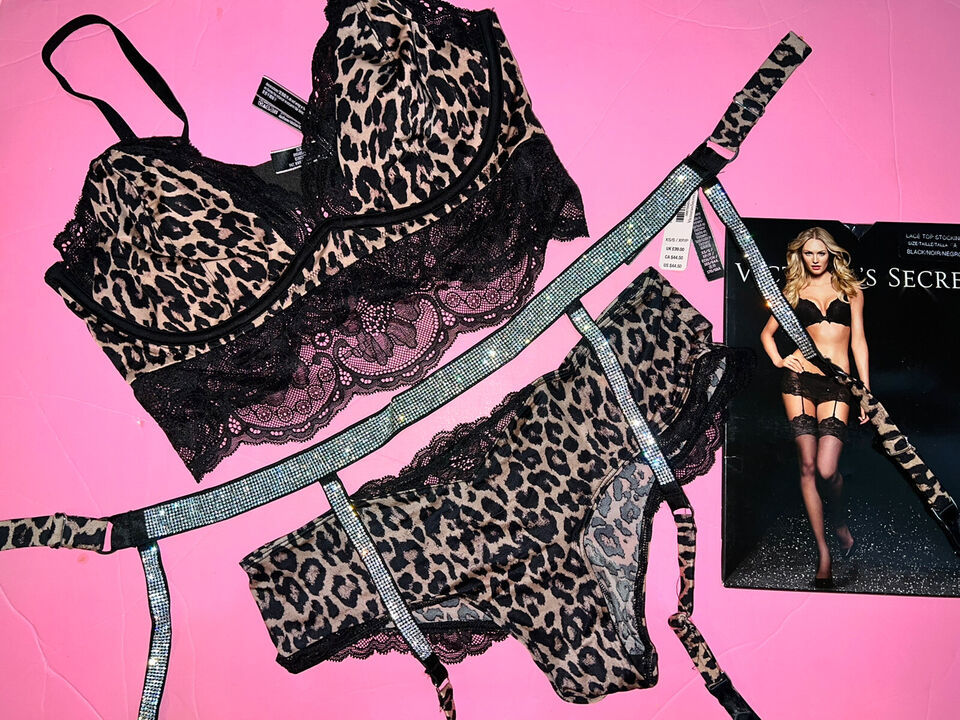 Primary image for Victoria's Secret 32DD S-DD BRA BRALETTE SET+garter+panty ANIMAL SHINE STRAP