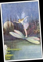 POSTER WALL ART: Fairy Butterfly + Dragonfly on Night Flight over Lily P... - £41.63 GBP