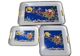 Vintage 3 Pc Set Lacquer Tray Christmas Santa In Sleigh W/ Reindeer Made Japan  - $28.50