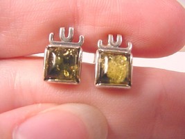 (pe28-d) Amber Green Square .925 Sterling Silver Stud Earrings Poland Jewelry - £25.40 GBP