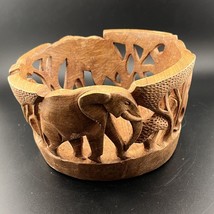 Vintage Malawi Africa One Piece Wood Carved Bowl Elephants Rhinos Trees - $24.78