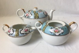 Vintage Chikaramachi Tea Set Teapot Sugar Creamer Hand Painted Blue w Rose Japan - £20.06 GBP
