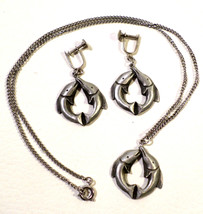 Vintage 80s Necklace &amp; Screw Clip On Earrings Set, Pewter Fish, Maybe Pisces? - £7.81 GBP