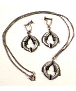 Vintage 80s Necklace &amp; Screw Clip On Earrings Set, Pewter Fish, Maybe Pi... - £7.78 GBP