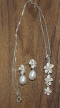 Pearl and Rhinestone Flower Sterling Silver Necklace &amp; Earrings Set , Must See ! - £39.10 GBP