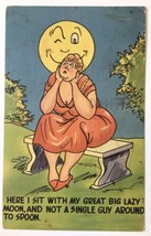 Vtg Linen PC Fat Woman Anthropomorphic Moon Face Romance Humor Comic - £6.25 GBP