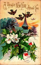 Bright New Year Holly Sparrows Church Steeple Embossed DB Postcard H31 - £3.02 GBP