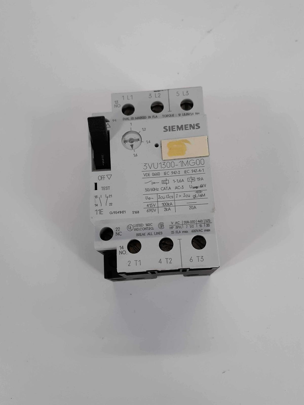 Siemens 3VU1300-1MG00 Motor Protector/Circuit Breaker 1-1,6A  - $25.00