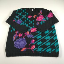 Vintage IZOD Sweater Womens 1X Black Teal Blue Purple Pink Roses Floral - £25.84 GBP