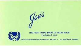 Joe&#39;s Stone Crab Restaurant Menu Biscayne St Miami Beach Florida 1970 - £52.93 GBP