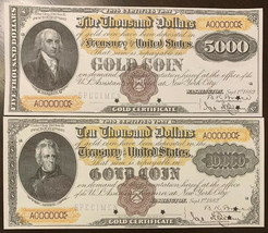 Reproduction 1882 Specimen Gold Certificates $5000 &amp; $10,000 Bills USA Copies - £5.58 GBP