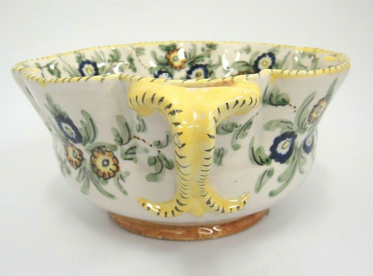 Primary image for Vintage Italian Pottery Deep Dish Handled Scalloped Yellow Trim Blue Flowers