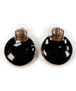 Vintage Givenchy Pierced Earrings Black Round Enamel Disk Gold Tone Stud 1&quot; - £35.37 GBP