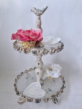 Shabby Chic Chippy Tiered Cake Cupcake Stand Metal Glass Roses Bird CottageCore - £28.05 GBP