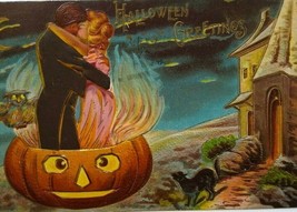 Gothic Halloween Postcard Haunted Castle Fantasy Kissing Couple Sanders Vintage - £137.18 GBP