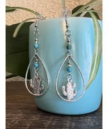 Silver Tone Earrings with Turquoise Glass Beads Teardrop Oval Shaped wit... - $32.35 CAD