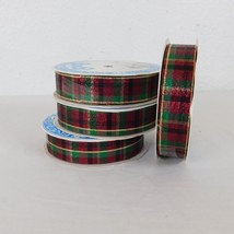 4 Burgundy Red Green Plaid Ribbon Gold Stripe 7/8&quot; Wide 10 Yards New Old... - £7.66 GBP