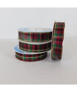 4 Burgundy Red Green Plaid Ribbon Gold Stripe 7/8&quot; Wide 10 Yards New Old... - £7.81 GBP