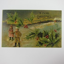 Christmas Postcard Boy &amp; Girl House Snow Holly Berries Embossed Antique ... - £7.86 GBP