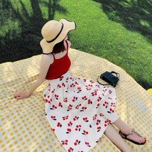 White cherry Print Thin Women&#39;s High Waist Pleated A-line long Skirt new - £30.92 GBP