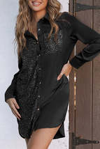 Black Sequin Splicing Pocket Buttoned Shirt Dress - £23.31 GBP+