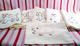 Darling Vintage Baby Farm Animals 6pc Hand Embroider Flour Sack Kitchen Towels - £37.92 GBP