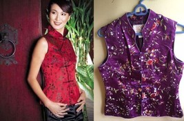 New Fab! Purple Boho Tang Chinese Sleeveless Embroidered Silk TOP- S-M - £63.14 GBP