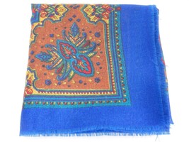 Womens  Blue Scarf w Brown Gold Red Paisley Print 30&quot; Square Acrylic Japan - $8.90