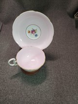 ABJ GRAFTON PALE PINK CUP SAUCER  W/ STAND ROSE BOUQUETS BONE CHINA ENGLAND - £11.96 GBP