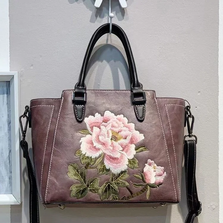  Women&#39;s Shoulder Bag Leather Hand Bags For Women 2024  Embroidery Flower Ladies - £63.64 GBP