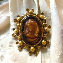 Art Deco Cameo Brooch MINI Amber Glass Pin Tortoise Shell Gold Tone Filigree Vtg - £24.73 GBP