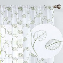Topick Sage Sheer Curtains For Living Room Leaf Embroidered Pole Top Window - £27.35 GBP