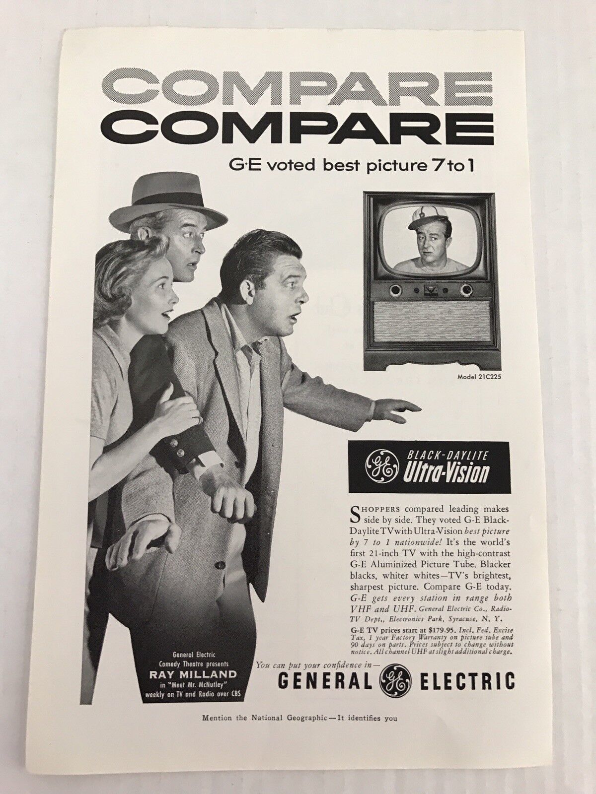 General Electric Black Day-lite Ultra-Vision Vtg 1953 Print Ad - $9.89